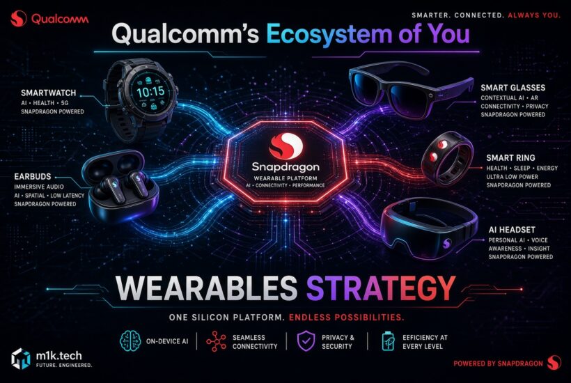 Qualcomm's Ecosystem of You wearables strategy infographic showing five Snapdragon-powered devices: smartwatch, earbuds, smart glasses, smart ring, and AI headset, unified by the Snapdragon Wearable Platform with on-device AI, seamless connectivity, privacy and security, and efficiency