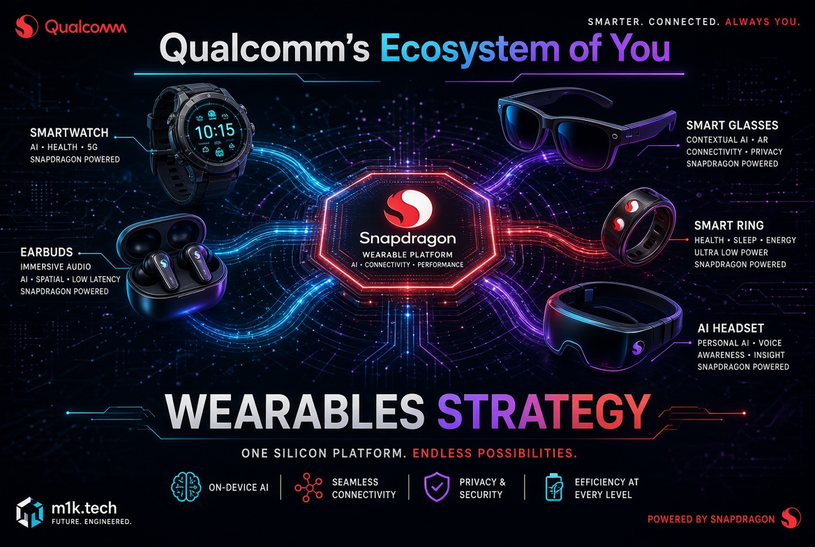 Qualcomm's Ecosystem of You wearables strategy infographic showing five Snapdragon-powered devices: smartwatch, earbuds, smart glasses, smart ring, and AI headset, unified by the Snapdragon Wearable Platform with on-device AI, seamless connectivity, privacy and security, and efficiency