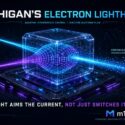 Michigan's Electron Lighthouse infographic by m1k.tech: two coherent lasers create quantum interference inside a semiconductor to steer a precision electron beam on demand — light aims the current, not just switches it on