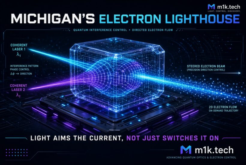 Michigan's Electron Lighthouse infographic by m1k.tech: two coherent lasers create quantum interference inside a semiconductor to steer a precision electron beam on demand — light aims the current, not just switches it on