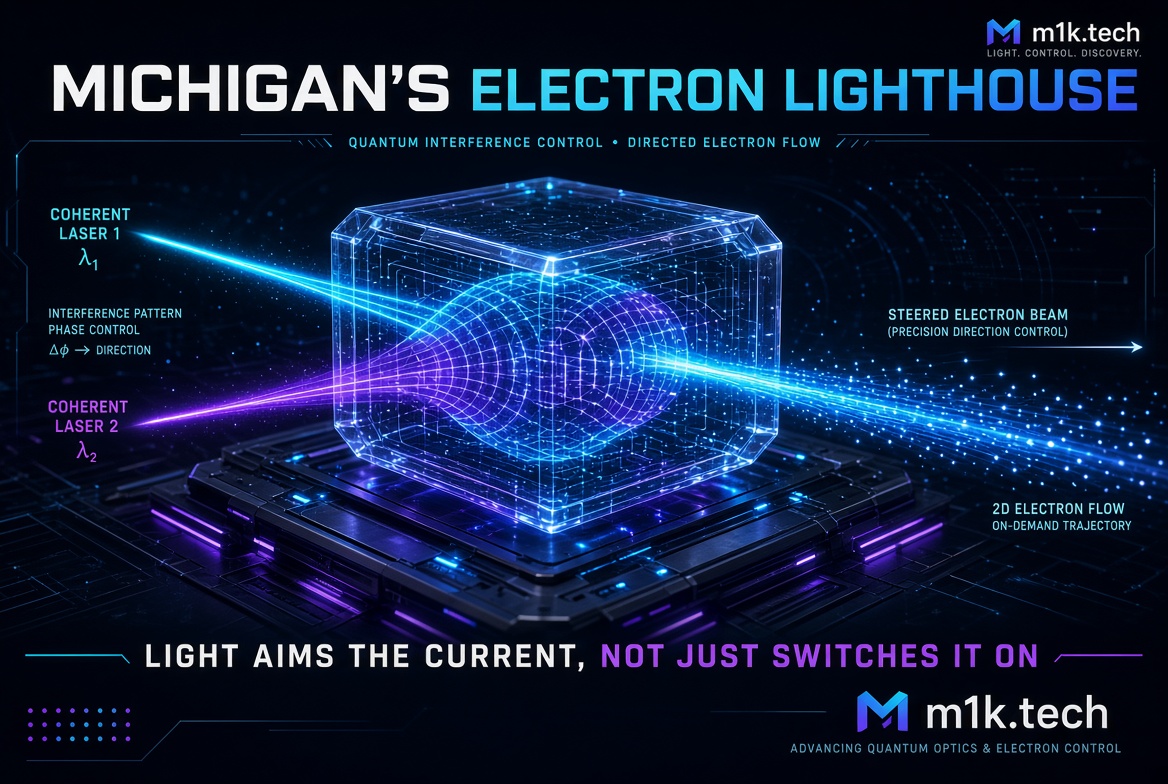 Michigan's Electron Lighthouse infographic by m1k.tech: two coherent lasers create quantum interference inside a semiconductor to steer a precision electron beam on demand — light aims the current, not just switches it on