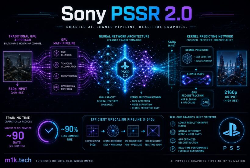 Infographic on Sony PSSR 2.0: compares traditional GPU upscaling pipeline to new kernel-predicting neural network, showing 540p input upscaled to 2160p output with 90% less compute time, edge detection and noise separation, GPU reconstruction, and PS5 real-time graphics optimization