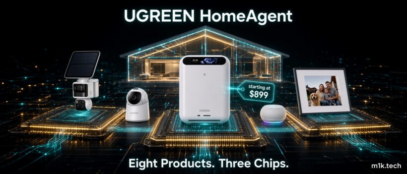UGREEN HomeAgent smart home lineup with security cameras, hub, speaker, and photo frame, starting at $899, eight products with three chips