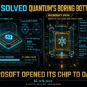 Infographic comparing IonQ's real-time decoder chip (408 logical qubits, 1.37µs latency, 92.7% utilization) with Microsoft's Majorana topological qubit core opened to DARPA testing, shown with a DARPA-suited figure and elapsed time 00:17:43