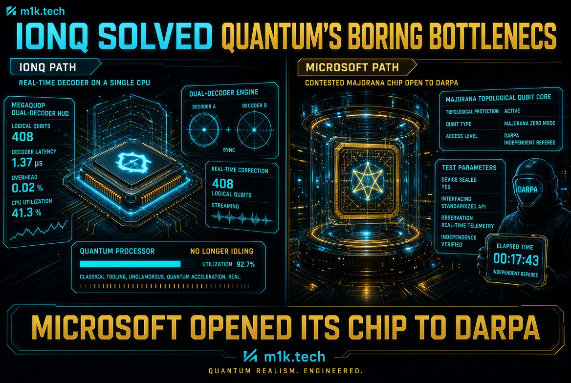 Infographic comparing IonQ's real-time decoder chip (408 logical qubits, 1.37µs latency, 92.7% utilization) with Microsoft's Majorana topological qubit core opened to DARPA testing, shown with a DARPA-suited figure and elapsed time 00:17:43