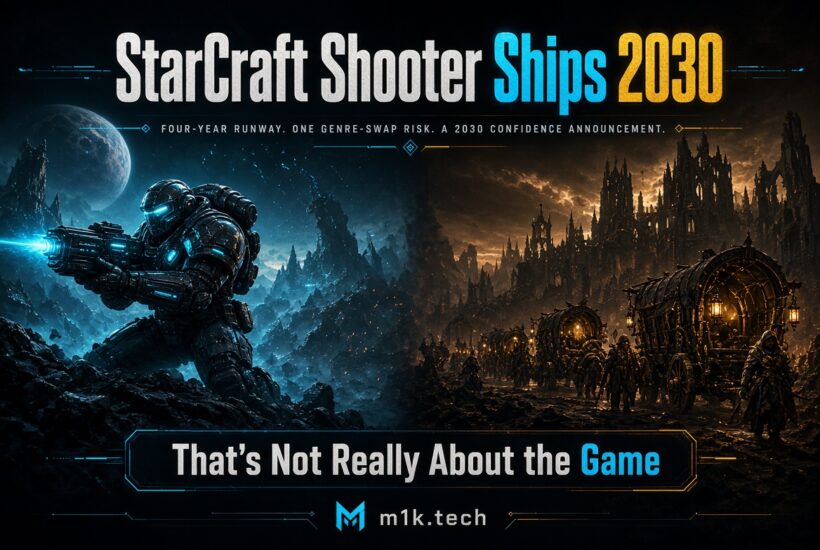 Illustration split between a sci-fi armored soldier firing a weapon and a dark gothic caravan scene, framing a 2030 sci-fi shooter announcement