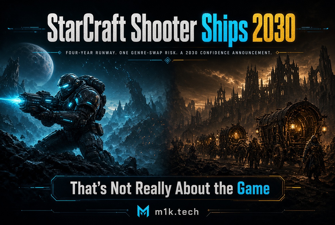 Illustration split between a sci-fi armored soldier firing a weapon and a dark gothic caravan scene, framing a 2030 sci-fi shooter announcement