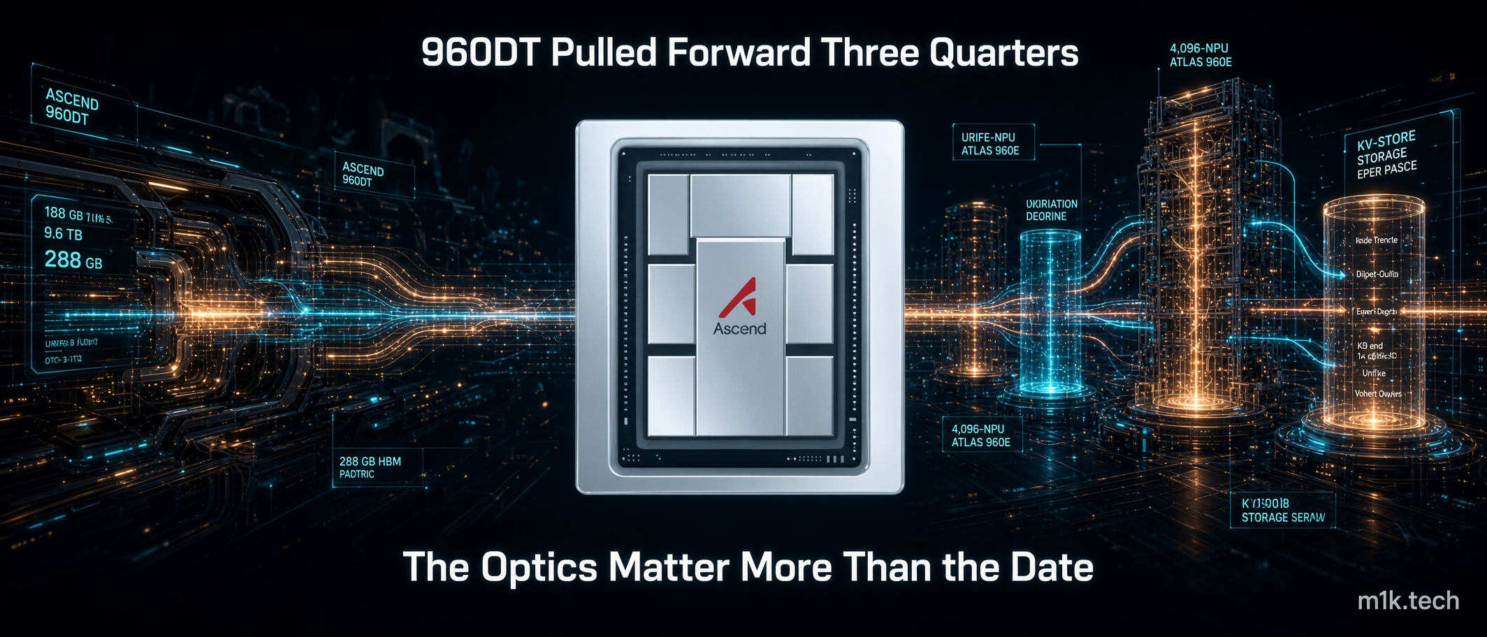 Diagram titled "960DT Pulled Forward Three Quarters" showing an Ascend chip connected to NPU, HBM, and KV-store specs, captioned "The Optics Matter More Than the Date
