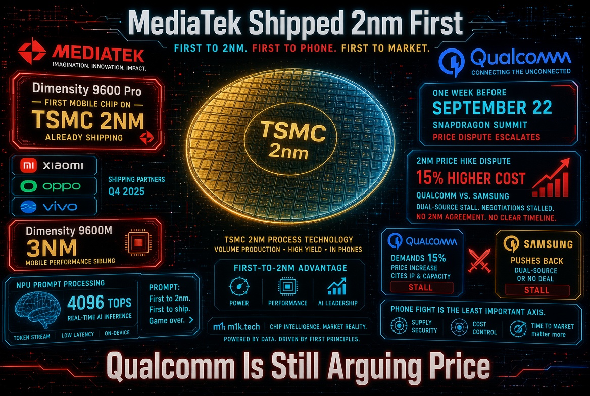 Infographic: MediaTek's Dimensity 9600 Pro ships first on TSMC 2nm to Xiaomi, Oppo, Vivo in Q4 2025, while Qualcomm and Samsung remain stalled over a 15% price hike dispute ahead of the Snapdragon Summit, with no 2nm agreement reached