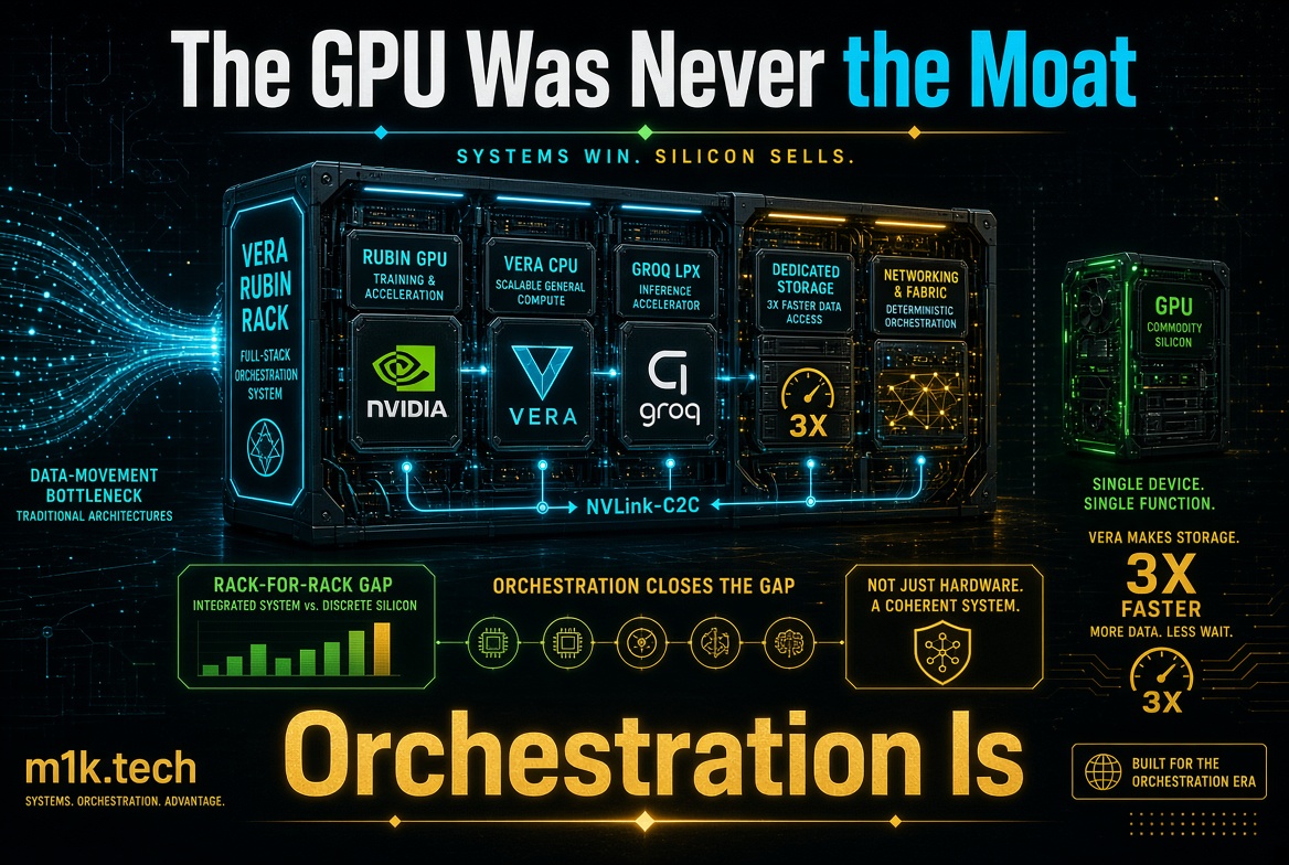 Infographic: Vera Rubin Rack integrates Nvidia GPU, Vera CPU, Groq LPX, storage, and networking into one orchestrated system, versus a single commodity GPU device, showing 3x faster data access; headline: The GPU Was Never the Moat, Systems Win, Silicon Sells, Orchestration Is the advantage