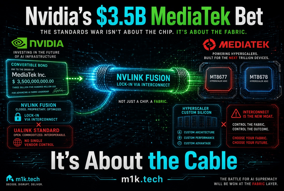 Infographic: Nvidia's $3.5B MediaTek bet links via NVLink Fusion, locking in interconnect versus open UALink standard, powering MediaTek's hyperscaler ASICs MT8677 and MT8678, showing interconnect as the key control point in the AI fabric battle
