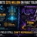Infographic: DOE bets $215M on fault tolerance via Quantum Genesis Q Competition, targeting 100 logical qubits. Phase I: $1.5M for seed and plan; Phase II: $100M pool paid on first-generation claim; deadline October 19, 2024. Right side highlights a reproducibility crisis: researchers debate conflicting results, unverifiable success, and inability to reproduce outcomes despite the $100M prize. Tagline: The field still can't reproduce itself