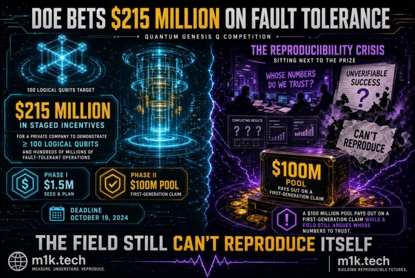 Infographic: DOE bets $215M on fault tolerance via Quantum Genesis Q Competition, targeting 100 logical qubits. Phase I: $1.5M for seed and plan; Phase II: $100M pool paid on first-generation claim; deadline October 19, 2024. Right side highlights a reproducibility crisis: researchers debate conflicting results, unverifiable success, and inability to reproduce outcomes despite the $100M prize. Tagline: The field still can't reproduce itself