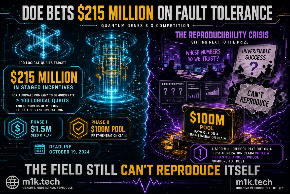 Infographic: DOE bets $215M on fault tolerance via Quantum Genesis Q Competition, targeting 100 logical qubits. Phase I: $1.5M for seed and plan; Phase II: $100M pool paid on first-generation claim; deadline October 19, 2024. Right side highlights a reproducibility crisis: researchers debate conflicting results, unverifiable success, and inability to reproduce outcomes despite the $100M prize. Tagline: The field still can't reproduce itself