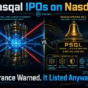 Infographic: Pasqal IPOs on Nasdaq as PSQL, $360M raised, despite French sovereignty warnings from Ministère and Cour des Comptes over quantum tech. Highlights neutral-atom quantum lattice traits: scalable, energy efficient, global ambition. Text reads "France Warned. It Listed Anyway