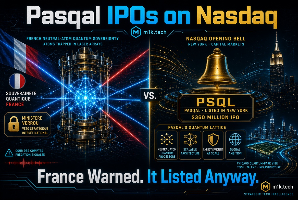 Infographic: Pasqal IPOs on Nasdaq as PSQL, $360M raised, despite French sovereignty warnings from Ministère and Cour des Comptes over quantum tech. Highlights neutral-atom quantum lattice traits: scalable, energy efficient, global ambition. Text reads "France Warned. It Listed Anyway