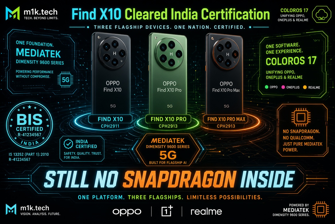 Infographic: Oppo Find X10, X10 Pro, and X10 Pro Max clear India BIS certification, all running MediaTek Dimensity 9600 series chips (no Snapdragon) and unified under ColorOS 17 across Oppo, OnePlus, and Realme