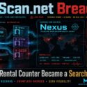 Infographic on IDScan.net breach: rental-counter ID scanner exposed 153M+ North American driver's licenses via searchable dark-web index "Nexus," with queryable fields like license class, state, DOB range, and postal code, showing global leak map and legal gray-area notes