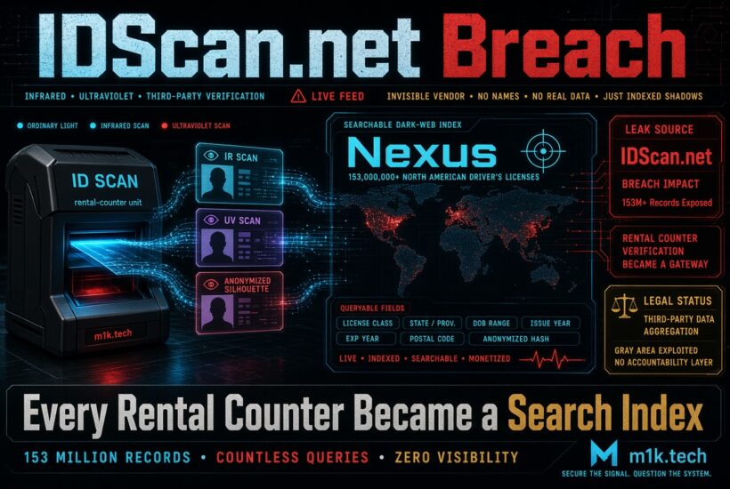Infographic on IDScan.net breach: rental-counter ID scanner exposed 153M+ North American driver's licenses via searchable dark-web index "Nexus," with queryable fields like license class, state, DOB range, and postal code, showing global leak map and legal gray-area notes