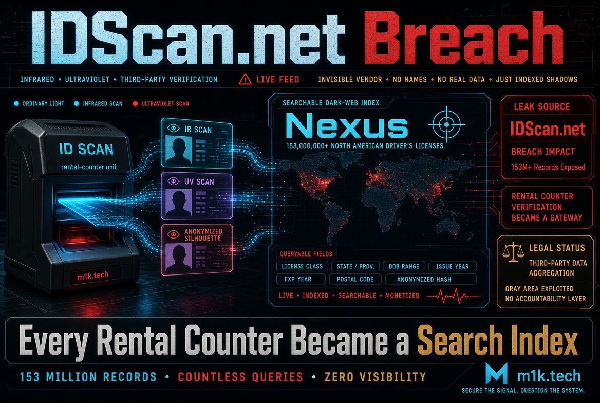 Infographic on IDScan.net breach: rental-counter ID scanner exposed 153M+ North American driver's licenses via searchable dark-web index "Nexus," with queryable fields like license class, state, DOB range, and postal code, showing global leak map and legal gray-area notes
