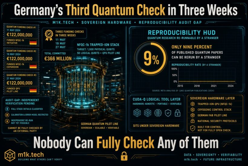 Infographic: Germany committed €366M across three quantum funding checks (11, 19, 27 May 2024) for NFQC-1k trapped-ion QPU; only 9% of quantum papers are independently reproducible; audit gap remains since full stack, calibration, and error models stay classified, so nobody can fully verify the hardware