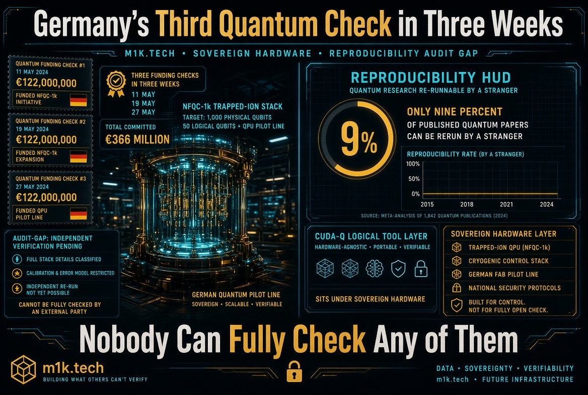 Infographic: Germany committed €366M across three quantum funding checks (11, 19, 27 May 2024) for NFQC-1k trapped-ion QPU; only 9% of quantum papers are independently reproducible; audit gap remains since full stack, calibration, and error models stay classified, so nobody can fully verify the hardware