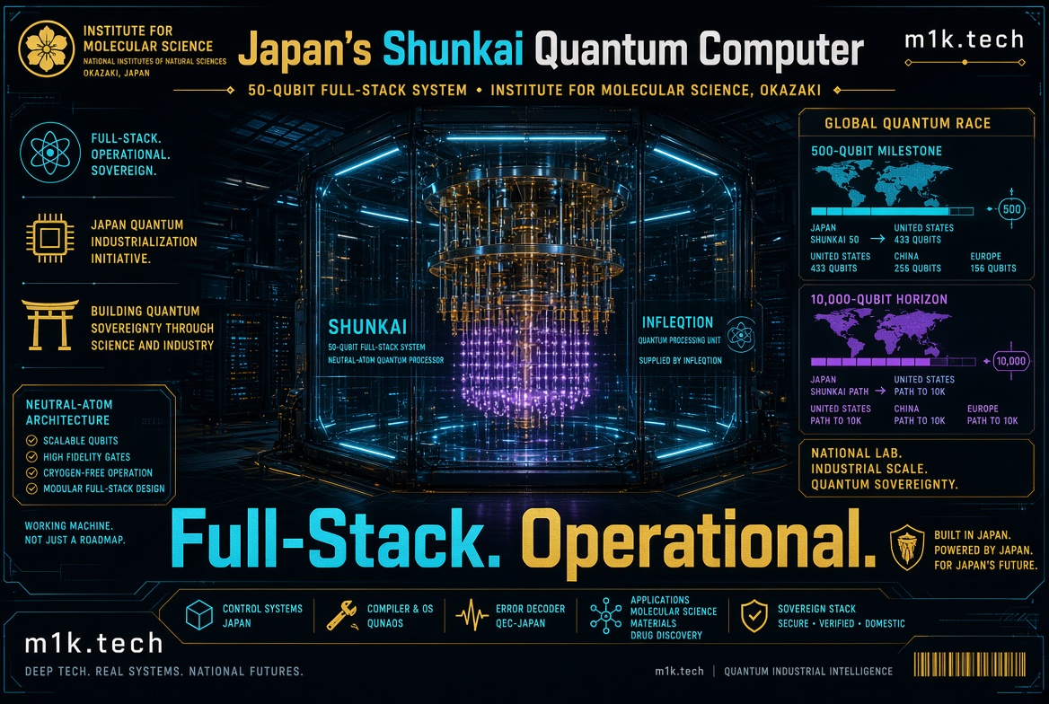Infographic on Japan's Shunkai quantum computer: a 50-qubit full-stack neutral-atom system built at the Institute for Molecular Science, Okazaki, supplied by Infleqtion. Shows global qubit race progress toward 500 and 10,000 qubits comparing Japan, US, China, and Europe, plus features of neutral-atom architecture, control systems, compiler, error decoder, and applications in materials and drug discovery. Tagline: Full-Stack. Operational. Built in Japan, Powered by Japan, For Japan's Future