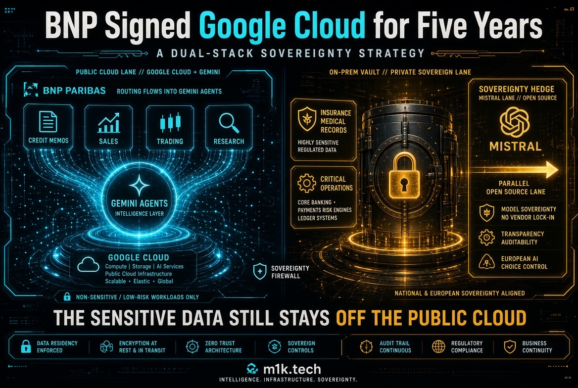Diagram of BNP Paribas dual-stack strategy: non-sensitive workloads route through Google Cloud Gemini agents for credit memos, sales, trading, and research, while sensitive data like insurance records and critical operations stay on-premise, secured by a sovereignty firewall, with Mistral as an open-source parallel lane ensuring model sovereignty and European AI control