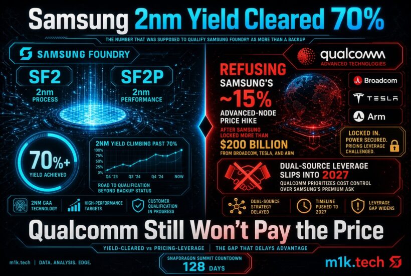 Infographic: Samsung's 2nm SF2/SF2P yield tops 70%, but Qualcomm refuses Samsung's 15% price hike after locking $200B with Broadcom, Tesla, and Arm, delaying dual-source plans to 2027