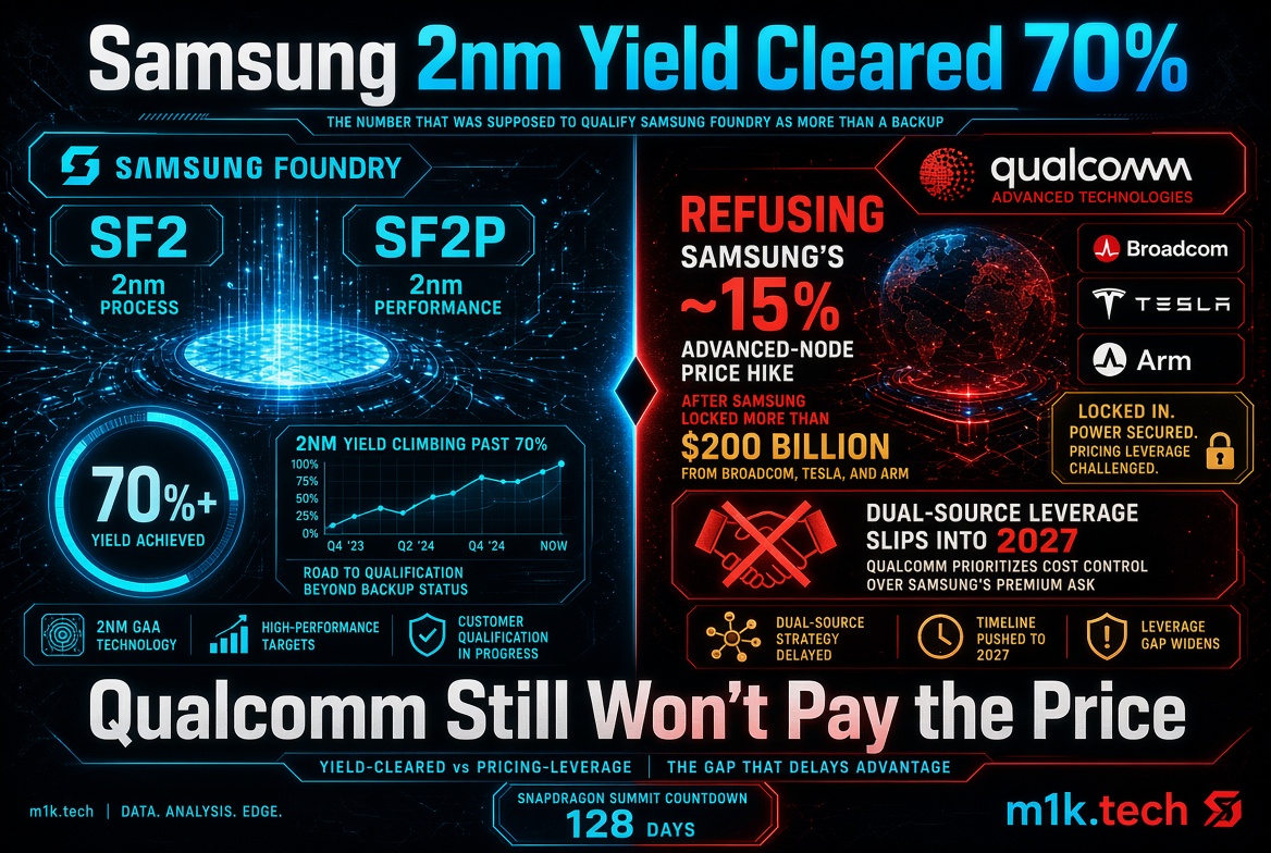 Infographic: Samsung's 2nm SF2/SF2P yield tops 70%, but Qualcomm refuses Samsung's 15% price hike after locking $200B with Broadcom, Tesla, and Arm, delaying dual-source plans to 2027