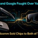 Illustration of two rival smart glasses designs with connected pack, titled Meta and Google Fought Over Your Face, Qualcomm Sold Chips to Both of Them