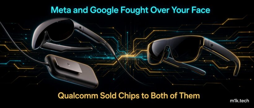 Illustration of two rival smart glasses designs with connected pack, titled Meta and Google Fought Over Your Face, Qualcomm Sold Chips to Both of Them