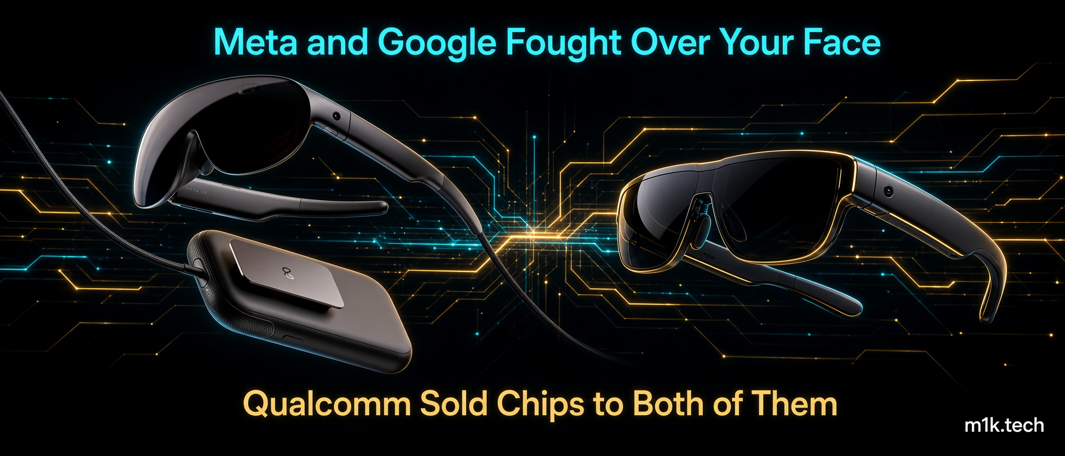 Illustration of two rival smart glasses designs with connected pack, titled Meta and Google Fought Over Your Face, Qualcomm Sold Chips to Both of Them