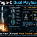 Infographic on Vega-C VV30 dual-payload launch from Kourou carrying Sentinel-3C and FLEX via Vespa+R adapter, 2,300 kg total to LEO; dual-manifest cuts cost 40-50% per satellite versus single-payload missions; notes SpaceX freezing commercial rideshare bookings past 2028, opening opportunity for Europe; chart shows Vega-C flight rate rising from 2024 to 2028+