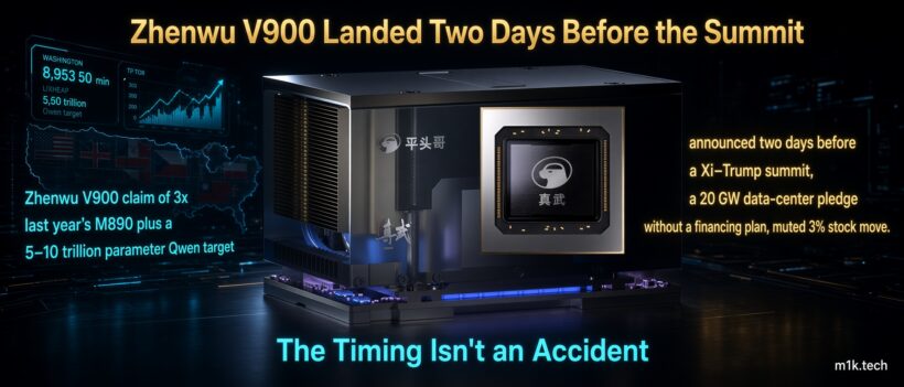 Infographic on Zhenwu V900 chip, claiming 3x M890 performance and 5-10 trillion parameter Qwen target, announced two days before Xi-Trump summit alongside a 20 GW data-center pledge, causing a muted 3% stock move