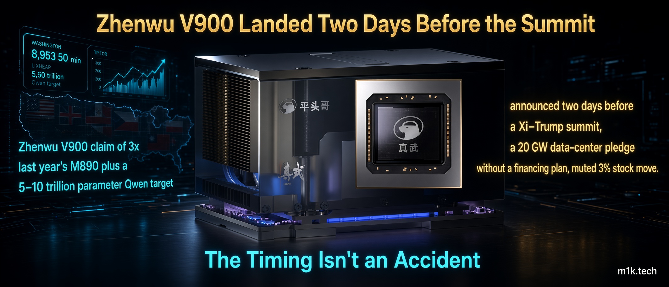 Infographic on Zhenwu V900 chip, claiming 3x M890 performance and 5-10 trillion parameter Qwen target, announced two days before Xi-Trump summit alongside a 20 GW data-center pledge, causing a muted 3% stock move