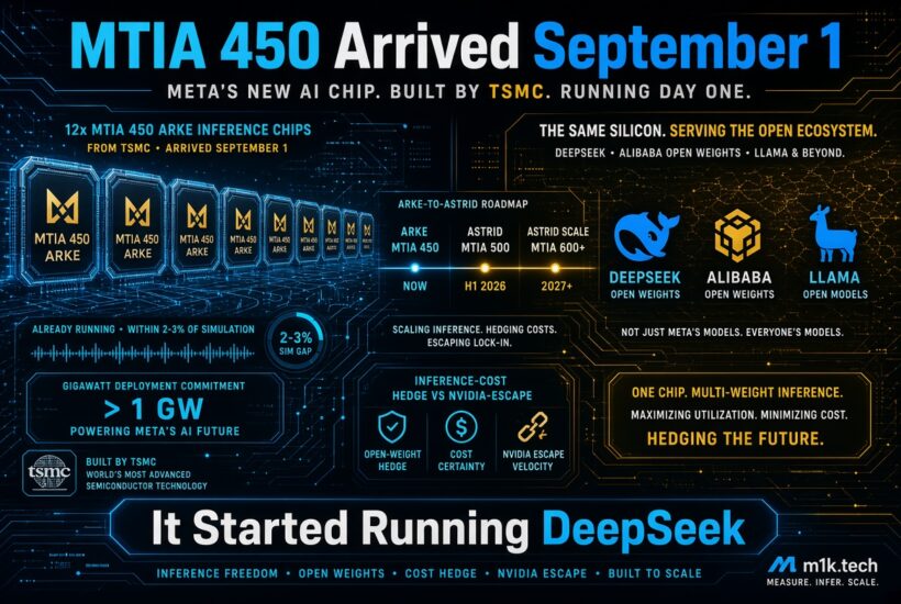 Infographic: Meta's MTIA 450 AI chip, built by TSMC, arrived September 1 with 12x Arke inference chips running within 2-3% of simulation. Roadmap shows Arke MTIA 450 now, Astrid MTIA 500 in H1 2026, and Astrid Scale MTIA 600+ in 2027+. Chip supports open ecosystem including DeepSeek, Alibaba Open Weights, and Llama models, hedging inference costs and Nvidia dependency. Meta commits over 1 GW for AI deployment. Chip started running DeepSeek, emphasizing inference freedom, open weights, cost hedge, and scalability