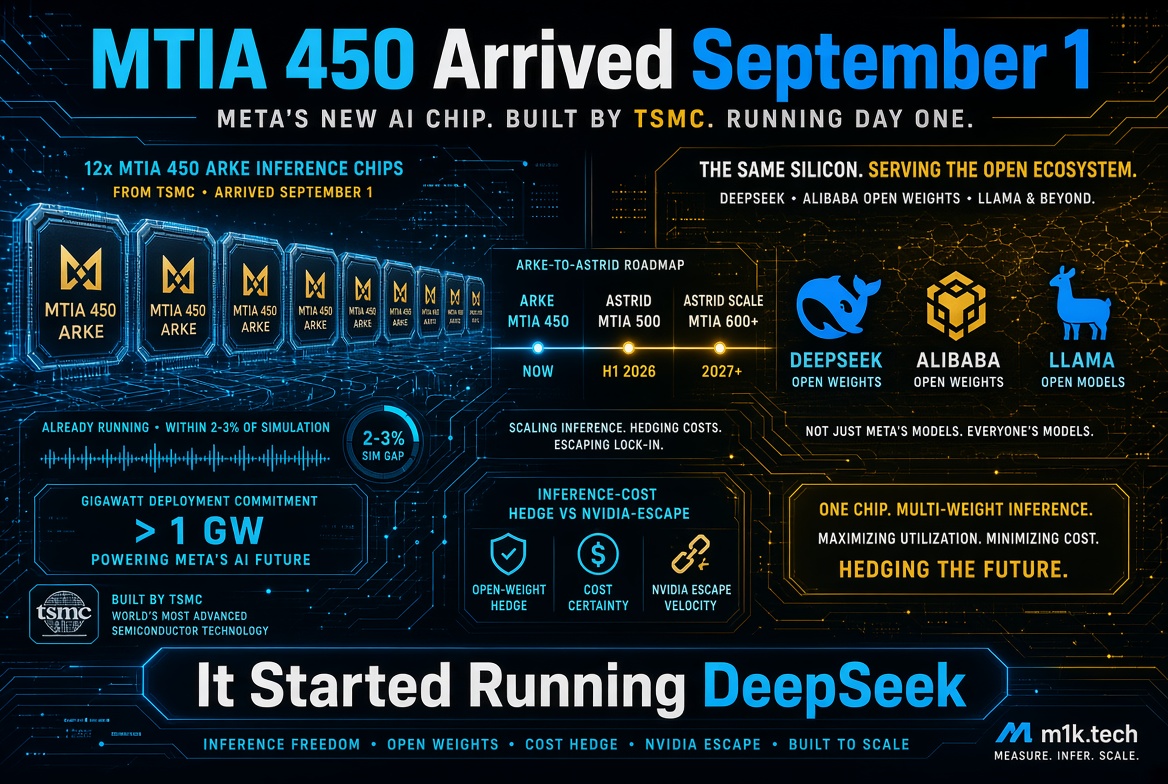 Infographic: Meta's MTIA 450 AI chip, built by TSMC, arrived September 1 with 12x Arke inference chips running within 2-3% of simulation. Roadmap shows Arke MTIA 450 now, Astrid MTIA 500 in H1 2026, and Astrid Scale MTIA 600+ in 2027+. Chip supports open ecosystem including DeepSeek, Alibaba Open Weights, and Llama models, hedging inference costs and Nvidia dependency. Meta commits over 1 GW for AI deployment. Chip started running DeepSeek, emphasizing inference freedom, open weights, cost hedge, and scalability