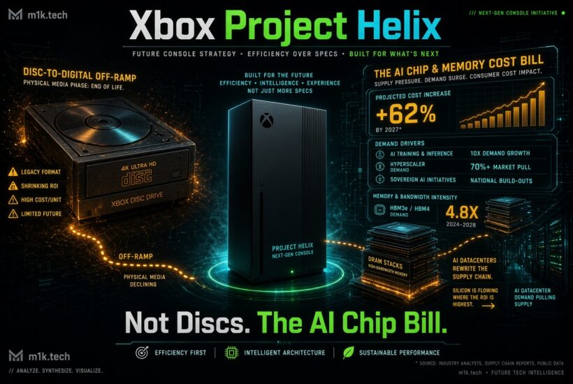 Infographic: Xbox Project Helix moves from discs to digital as AI chip and memory demand drives projected costs up 62% by 2027, fueled by AI training, hyperscaler demand, and sovereign AI initiatives increasing memory bandwidth needs 4.8x by 2028