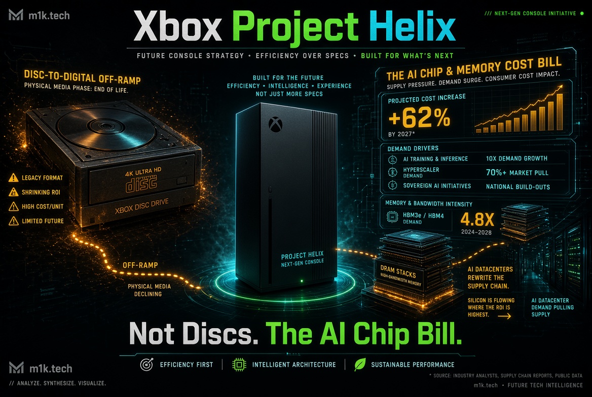 Infographic: Xbox Project Helix moves from discs to digital as AI chip and memory demand drives projected costs up 62% by 2027, fueled by AI training, hyperscaler demand, and sovereign AI initiatives increasing memory bandwidth needs 4.8x by 2028