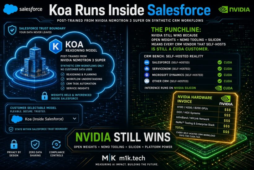 Infographic: Salesforce's Koa reasoning model, built on NVIDIA Nemotron 3 Super, runs inside Salesforce's trust boundary using synthetic CRM data, staying customer-selectable and secure. Punchline: since CRM vendors like Salesforce, ServiceNow, and Microsoft Dynamics self-host inference on NVIDIA CUDA silicon, NVIDIA still profits via hardware costs (GPUs, DGX/HGX systems, InfiniBand/NVLink, NeMo tooling) despite open weights, illustrating that open weights plus NeMo tooling plus silicon equals platform power. From m1k.tech