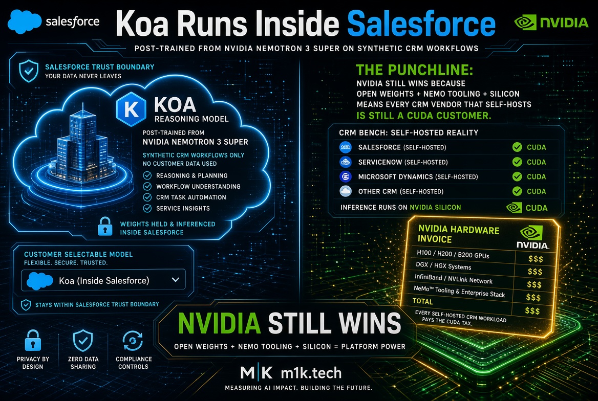 Infographic: Salesforce's Koa reasoning model, built on NVIDIA Nemotron 3 Super, runs inside Salesforce's trust boundary using synthetic CRM data, staying customer-selectable and secure. Punchline: since CRM vendors like Salesforce, ServiceNow, and Microsoft Dynamics self-host inference on NVIDIA CUDA silicon, NVIDIA still profits via hardware costs (GPUs, DGX/HGX systems, InfiniBand/NVLink, NeMo tooling) despite open weights, illustrating that open weights plus NeMo tooling plus silicon equals platform power. From m1k.tech