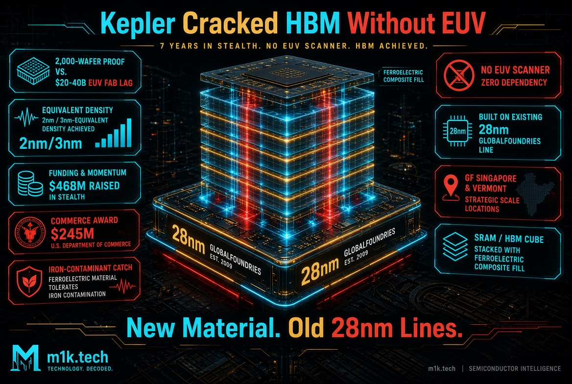 Infographic: Kepler achieved HBM without EUV, using ferroelectric composite fill on existing GlobalFoundries 28nm lines, reaching 2nm/3nm-equivalent density after 7 years in stealth with $468M raised and a $245M Commerce Department award, built at GF Singapore and Vermont with iron-contaminant tolerant material