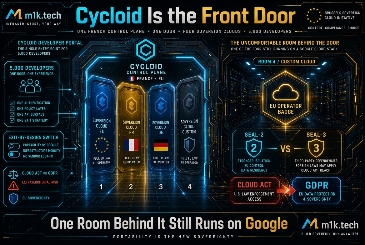 Infographic: Cycloid Control Plane is one door to four sovereign clouds (EU, FR, DE, Custom) for 5,000 developers, with one authentication, policy layer, API surface, and exit strategy. Highlights Custom Cloud room 4 still runs on Google, comparing SEAL-2 vs SEAL-3 isolation and Cloud Act vs GDPR risk, emphasizing portability as the new sovereignty