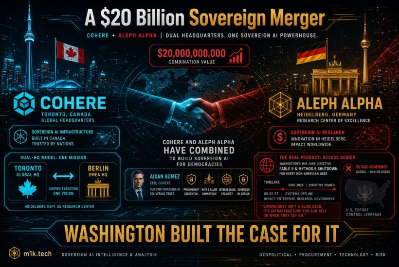 Infographic on $20B Cohere-Aleph Alpha merger forming sovereign AI: Toronto global HQ, Berlin/Heidelberg EMEA HQ and research center; details CEO Aidan Gomez, NATO-compliant defense-grade security, and a June 2025 US directive shutting down Fable 5 and Mythos 5 access for non-US users due to export control leverage