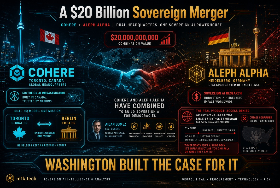Infographic on $20B Cohere-Aleph Alpha merger forming sovereign AI: Toronto global HQ, Berlin/Heidelberg EMEA HQ and research center; details CEO Aidan Gomez, NATO-compliant defense-grade security, and a June 2025 US directive shutting down Fable 5 and Mythos 5 access for non-US users due to export control leverage