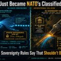Infographic: AWS becomes NATO Restricted cloud across 32 nations with Spanish crypto sign-off, contrasted with EU sovereignty concerns over US CLOUD Act extra-territorial reach into data regardless of server location, headlined "The EU's Sovereignty Rules Say That Shouldn't Be Simple