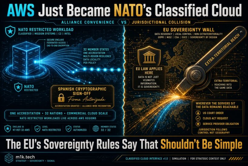 Infographic: AWS becomes NATO Restricted cloud across 32 nations with Spanish crypto sign-off, contrasted with EU sovereignty concerns over US CLOUD Act extra-territorial reach into data regardless of server location, headlined "The EU's Sovereignty Rules Say That Shouldn't Be Simple
