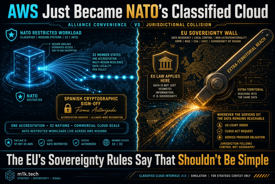 Infographic: AWS becomes NATO Restricted cloud across 32 nations with Spanish crypto sign-off, contrasted with EU sovereignty concerns over US CLOUD Act extra-territorial reach into data regardless of server location, headlined "The EU's Sovereignty Rules Say That Shouldn't Be Simple
