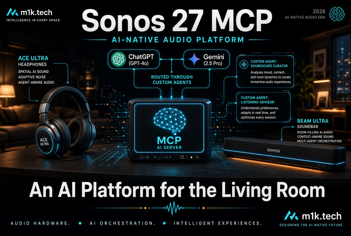 Diagram of Sonos 27 MCP AI-native audio platform: Ace Ultra headphones and Beam Ultra soundbar connect to an MCP AI Server, routing ChatGPT (GPT-4o) and Gemini (2.5 Pro) through custom agents (Soundscape Curator, Listening Advisor) for room-aware, adaptive audio experiences